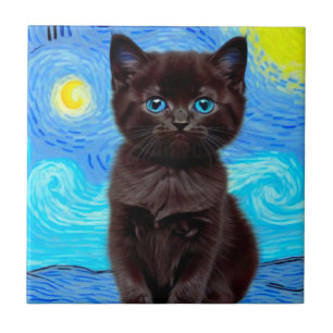 Van Gogh Sterrennacht Black Cat Tegeltje