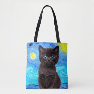 Van Gogh Sterrennacht Black Cat Tote Bag