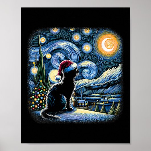 Van Gogh Sterrennacht Cat Funny Black Cat Christma Poster (Voorkant)