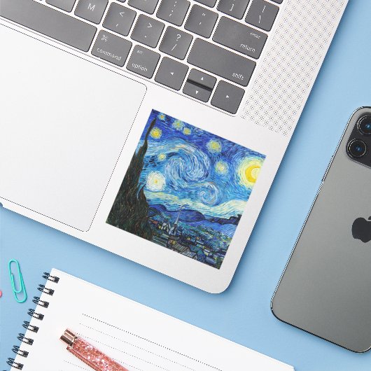 Van Gogh Sterrennacht. Impressionisme  kunst Sticker (Laptop met iPhone)