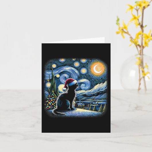 Van Gogh Sterrennacht Kat Grappige Zwarte Kat Kers Kaart (Gele Bloem)