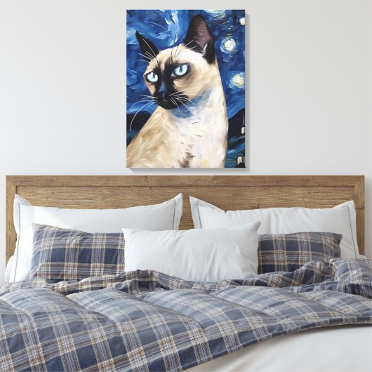 Van Gogh Sterrennacht kat Siamese droom Canvas Afdruk (Insitu (Slaapkamer))