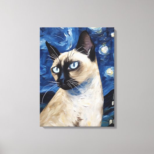 Van Gogh Sterrennacht kat Siamese droom Canvas Afdruk (Voorkant)