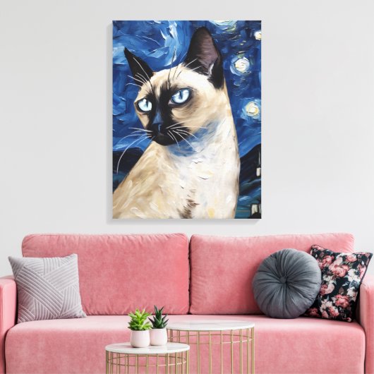 Van Gogh Sterrennacht kat Siamese droom Canvas Afdruk (Insitu (Woonkamer))