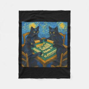 Van gogh sterrennacht kat speelt mahjong chinese fleece deken