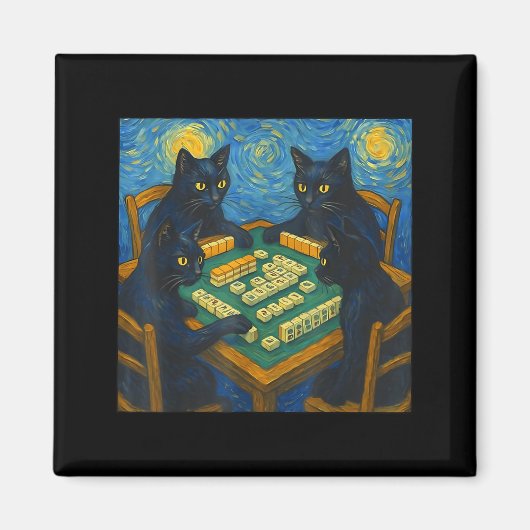 Van gogh sterrennacht kat speelt mahjong chinese magneet (Voorkant)