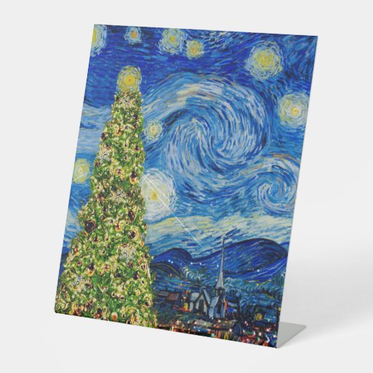 Van Gogh Sterrennacht - kerstboomtabelnummer Reclamebord Met Voetstuk (Voorkant)