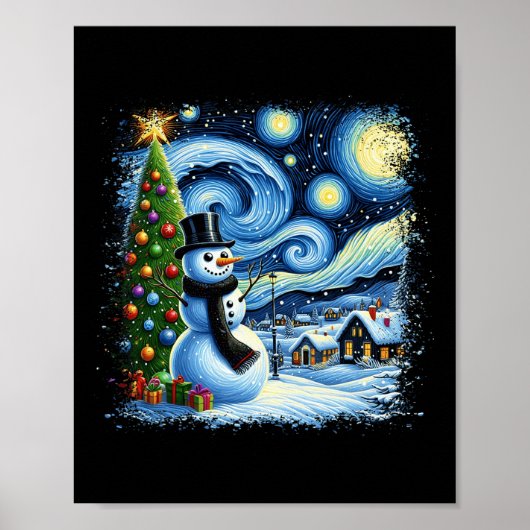 Van Gogh Sterrennacht Kerstman Snowy Nigh Poster (Voorkant)