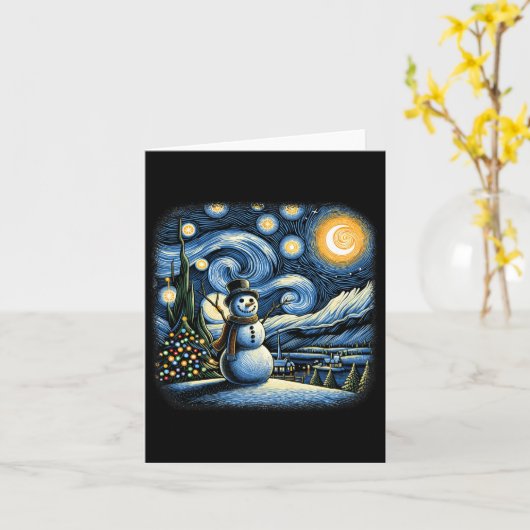 Van Gogh Sterrennacht Kerstmis Sneeuwman Wintersne Kaart (Gele Bloem)
