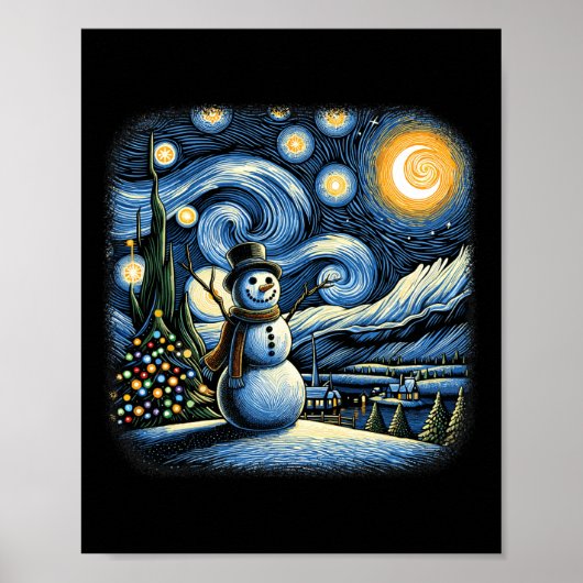 Van Gogh Sterrennacht Kerstmis Sneeuwman Wintersne Poster (Voorkant)