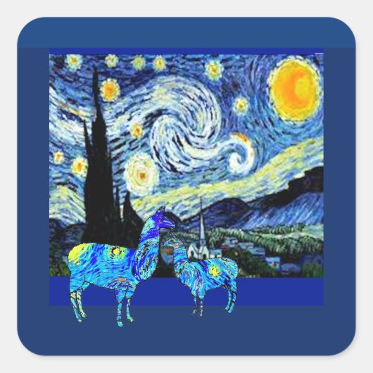 Van Gogh, Sterrennacht Llamas Vierkante Sticker (Voorkant)