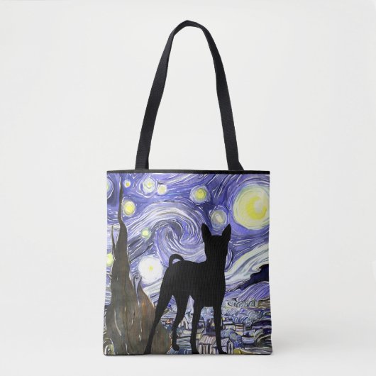 Van Gogh Sterrennacht met Basenji Dog Canvas tas (Voorkant)