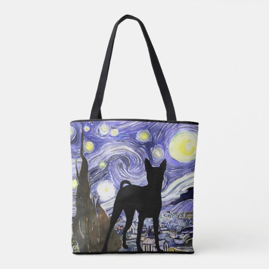 Van Gogh Sterrennacht met Basenji Dog Canvas tas (Achterkant)