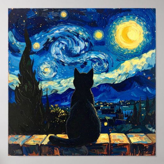 Van Gogh Sterrennacht met Zwarte Kat Poster (Voorkant)