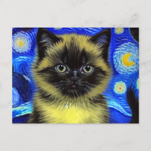 Van Gogh Sterrennacht Siamese kat Feestdagenkaart