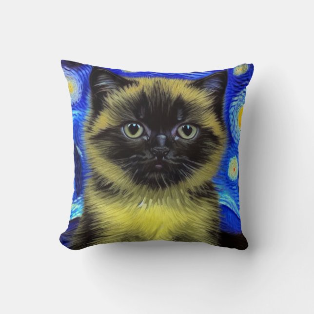 Van Gogh Sterrennacht Siamese kat Kussen (Voorkant)