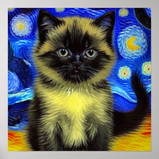 Van Gogh Sterrennacht Siamese kat Poster (Voorkant)