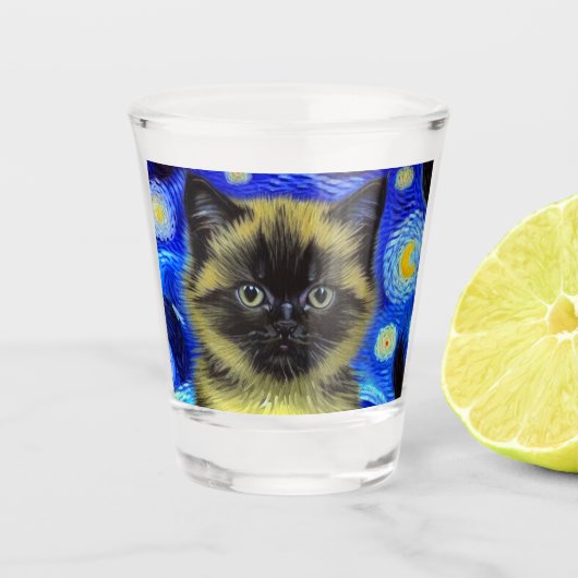 Van Gogh Sterrennacht Siamese kat Shot Glas (Voorkant)