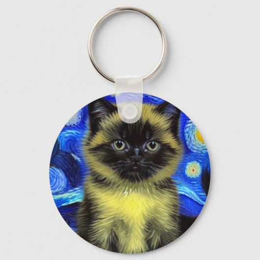 Van Gogh Sterrennacht Siamese kat Sleutelhanger (Voorkant)