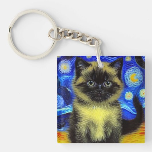 Van Gogh Sterrennacht Siamese kat Sleutelhanger (voorkant)