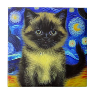 Van Gogh Sterrennacht Siamese kat Tegeltje