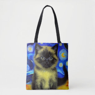 Van Gogh Sterrennacht Siamese kat Tote Bag