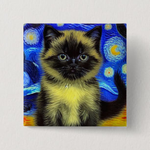 Van Gogh Sterrennacht Siamese kat Vierkante Button 5,1 Cm