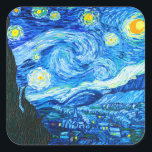 Van Gogh Sterrennacht Vierkante Sticker<br><div class="desc">Stickers met het schilderij van Vincent van Gogh De Sterrennacht (1889). Geïnspireerd door zijn verblijf in een asiel,  toont de kunst een dorp onder een nachtelijke hemel van blauwe en gele maan en sterren. Een groot cadeau voor fans van Post-Impressionisme en Nederlandse kunst.</div>