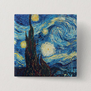 Van Gogh Sterrennacht Vintage Blauw Meesterwerk Vierkante Button 5,1 Cm
