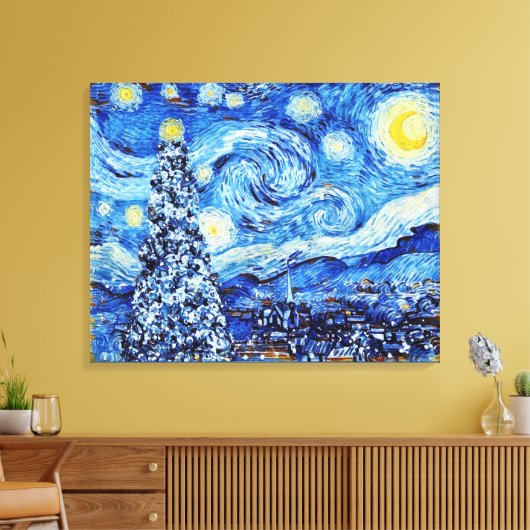 Van Gogh Sterrennacht - Witte kerstboomkappen Canvas Afdruk (Insitu (Woonkamer))