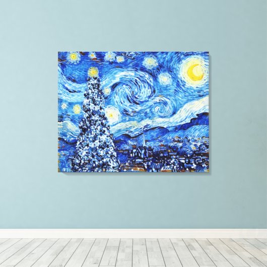 Van Gogh Sterrennacht - Witte kerstboomkappen Canvas Afdruk (Insitu (Houten vloer))