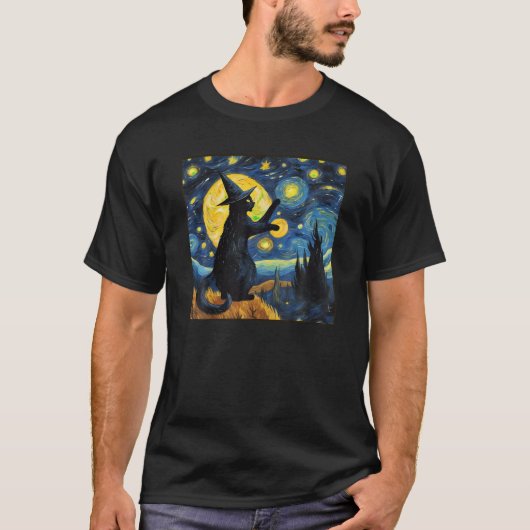 Van Gogh Sterrennacht zwart kat Halloween shirt (Voorkant)
