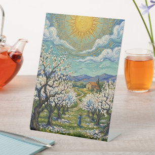 Van Gogh stijl amandelboomgaard zonovergoten bloes Reclamebord Met Voetstuk