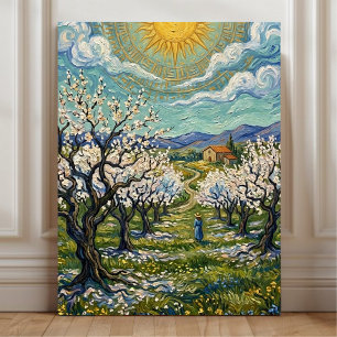 Van Gogh stijl Amandelboomgaard Zonovergoten Lente Canvas Afdruk