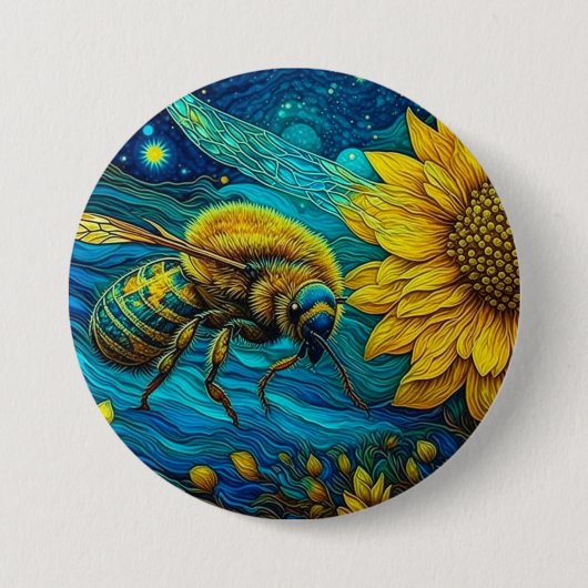 Van Gogh Stijl Bijen & Zonnebloem Ronde Button 7,6 Cm (Voorkant)