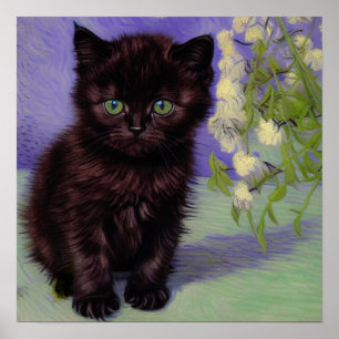 Van Gogh Stijl Kat met Witte Bloemen Poster
