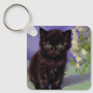 Van Gogh Stijl Kat met Witte Bloemen Sleutelhanger