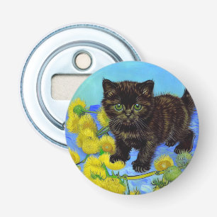 Van Gogh Stijl Kat met Zonnebloemen Button Flesopener