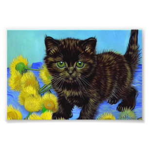 Van Gogh Stijl Kat met Zonnebloemen Foto Afdruk