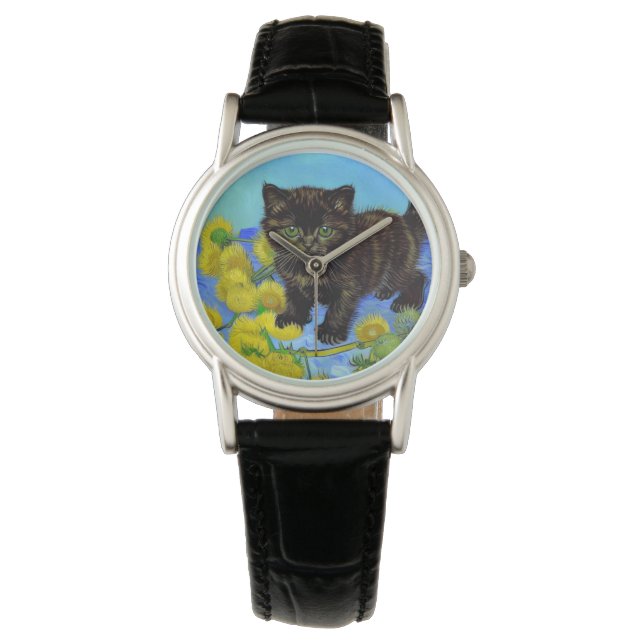 Van Gogh Stijl Kat met Zonnebloemen Horloge (Voorkant)