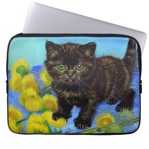 Van Gogh Stijl Kat met Zonnebloemen Laptop Sleeve