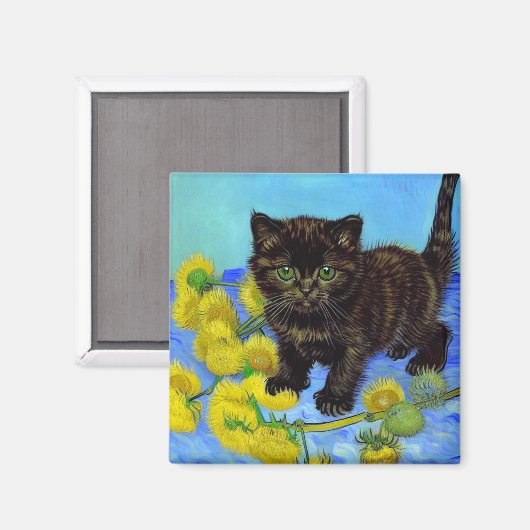 Van Gogh Stijl Kat met Zonnebloemen Magneet (Voorkant / Achterkant)