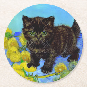 Van Gogh Stijl Kat met Zonnebloemen Ronde Kartonnen Onderzetter