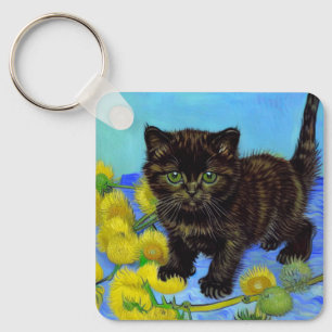 Van Gogh Stijl Kat met Zonnebloemen Sleutelhanger