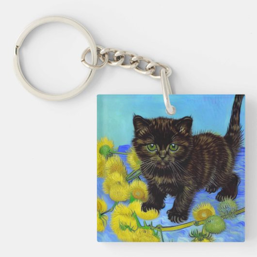 Van Gogh Stijl Kat met Zonnebloemen Sleutelhanger (voorkant)
