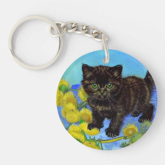 Van Gogh Stijl Kat met Zonnebloemen Sleutelhanger (Voorkant)