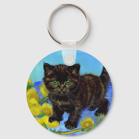 Van Gogh Stijl Kat met Zonnebloemen Sleutelhanger (Voorkant)