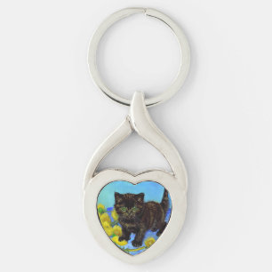 Van Gogh Stijl Kat met Zonnebloemen Sleutelhanger