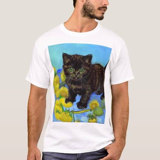 Van Gogh Stijl Kat met Zonnebloemen T-shirt (Voorkant)