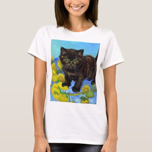 Van Gogh Stijl Kat met Zonnebloemen T-shirt (Voorkant)